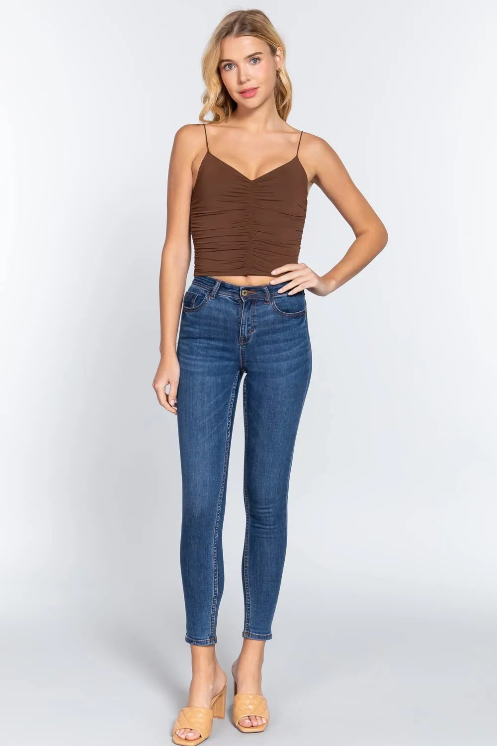 Women's V-Neck Elastic Shoulder Strap Front Ruched Cami Knit Top