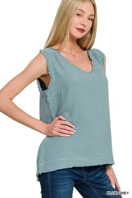 Zenana Double Gauze Raw Edge V-Neck Tank In Blue Grey