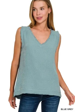 Zenana Double Gauze Raw Edge V-Neck Tank In Blue Grey