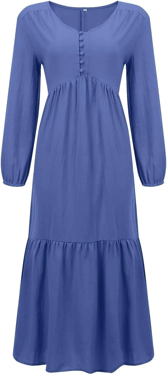 ZWRXW Fall Fashion Linen Dresses for Women Button Front V Neck A Line Dress Long Sleeve Pleated Tiered Ruffle Maxi Dresses