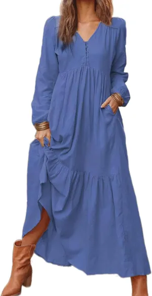 ZWRXW Fall Fashion Linen Dresses for Women Button Front V Neck A Line Dress Long Sleeve Pleated Tiered Ruffle Maxi Dresses