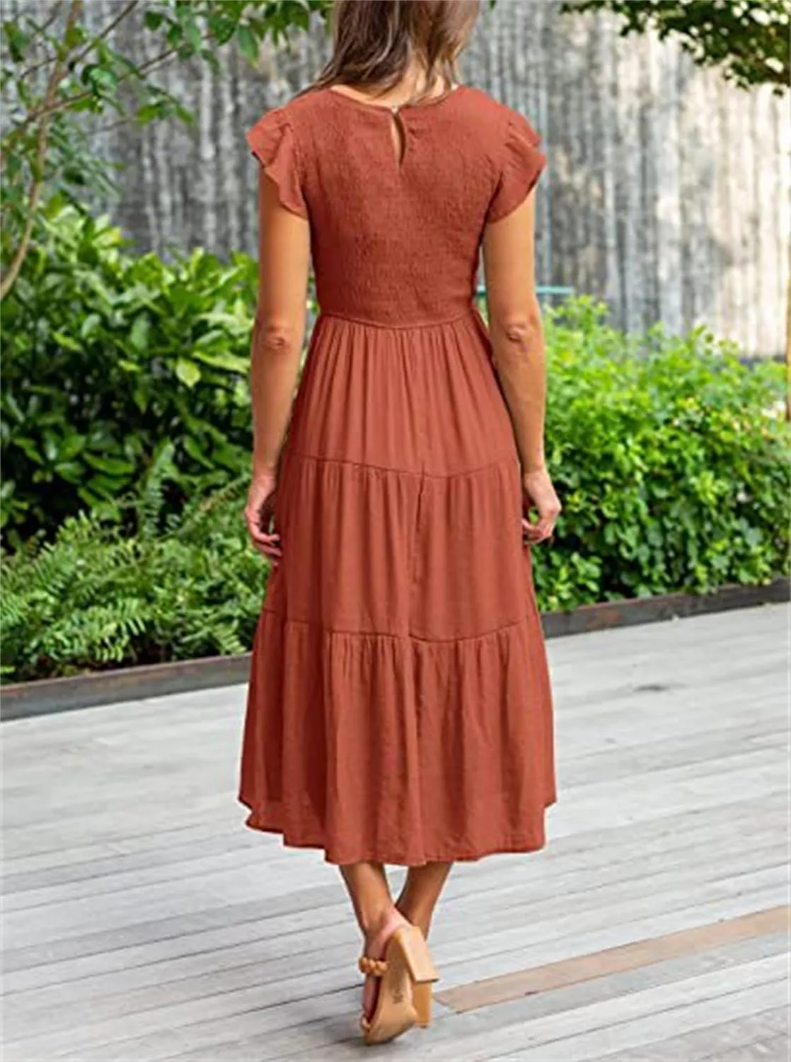 ZWRXW Womens Summer Casual Dresses Flutter Short Sleeve Crewneck Smocked Elastic Waist Tiered Midi Dress Flowy Beach Dress
