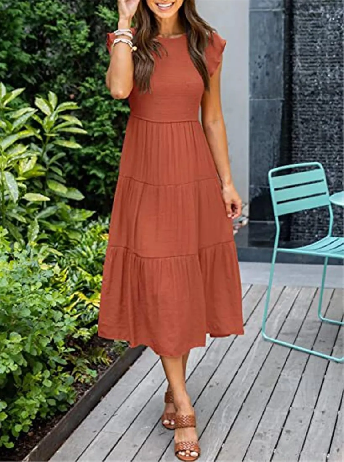 ZWRXW Womens Summer Casual Dresses Flutter Short Sleeve Crewneck Smocked Elastic Waist Tiered Midi Dress Flowy Beach Dress