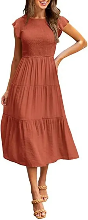 ZWRXW Womens Summer Casual Dresses Flutter Short Sleeve Crewneck Smocked Elastic Waist Tiered Midi Dress Flowy Beach Dress